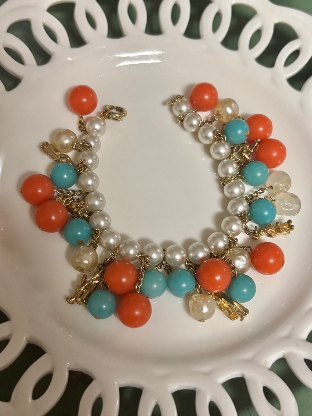 Pearl, Coral & Turquoise Bead Charm Bracelet